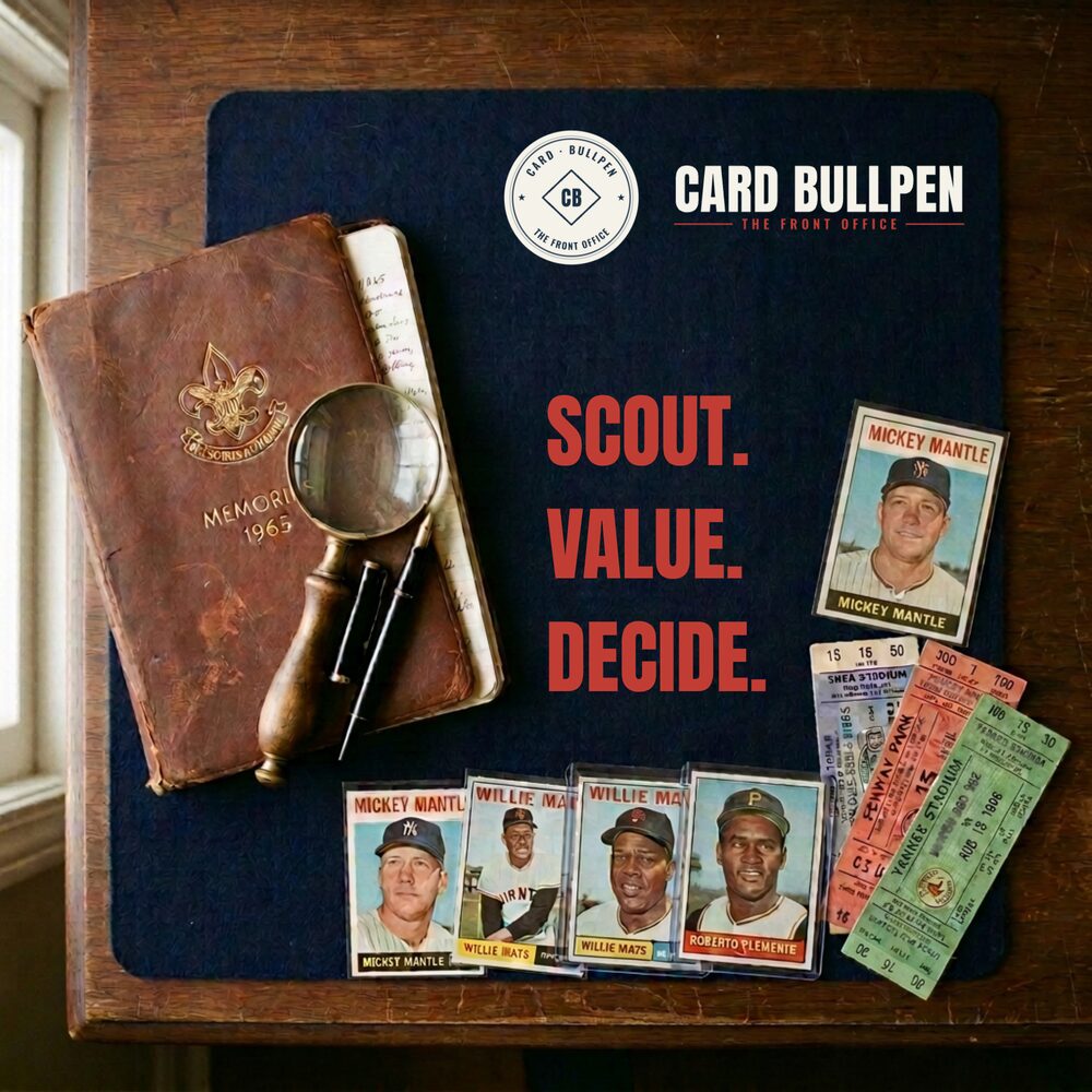 Card Bullpen brand still life: vintage cards, scouting notebook, and magnifying glass on a navy blotter — Scout. Value. Decide.