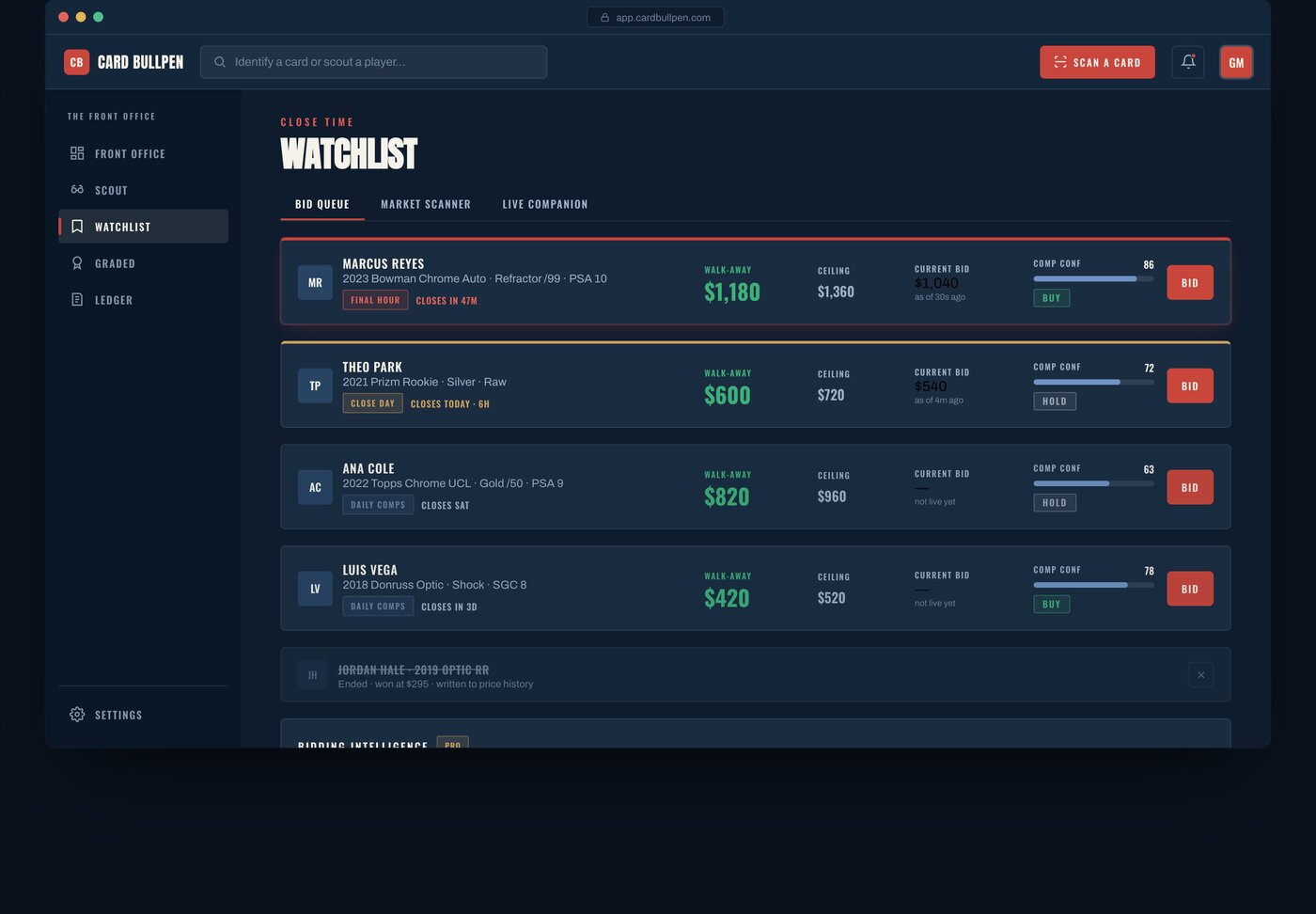 Watchlist bid queue design mock with demo players Marcus Reyes, Theo Park, and walk-away floors.